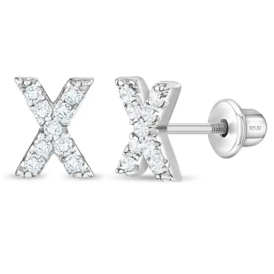 Girl's Cubic Zirconia Letter Initial Screw Back Sterling Silver Earrings - In Season Jewelry image {29}