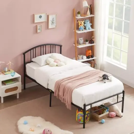 VECELO Queen/Full/Twin Bed Frame with Arched Headboard, Metal Platform Bed Frame with Underbed Storage Space, Black/White/Gold image {4}