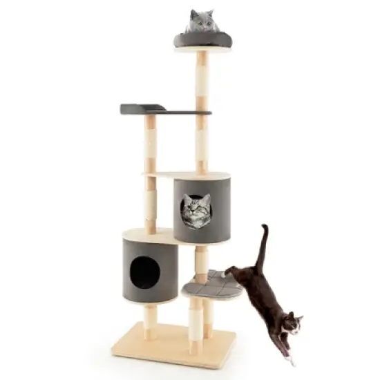 Costway 75'' Multi-layer Wooden Cat Tree Indoor Tower Activity Play Center with 2 Condos image {11}