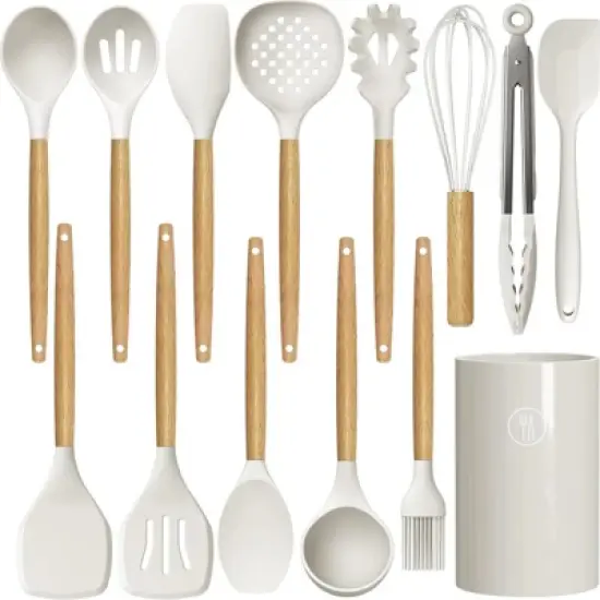 BRINJOY Silicone Cooking Utensil Set - Heat Resistant 446&iexcl;&atilde;F Non-Stick Kitchen Tools with Wood Handles & Holder, BPA-Free (Cream White) image {5}
