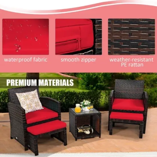 Costway 5PCS Patio Rattan Wicker Furniture Set Sofa Ottoman W/ Cushions Red image {4}