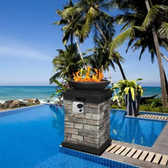 Costway Patio Propane Burning Fire Bowl Column W/ Lava Rocks & Cover 40,000 BTU image {1}