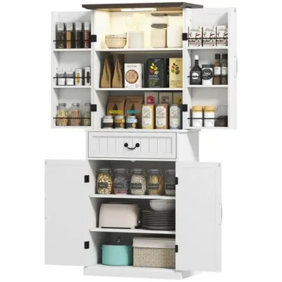 HOMCOM 71" LED Kitchen Pantry Cabinet, Farmhouse Storage Cabinet with Door Shelves, Adjustable Shelves and Drawer, Distressed White image {3}
