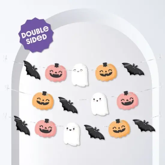 Big Dot of Happiness Pastel Halloween Garland Banner, Birthday Party Decorations Backdrop, 30 Feet of Cord, 15 Paper Ghost, Pumpkin, and Bat Shapes image {1}