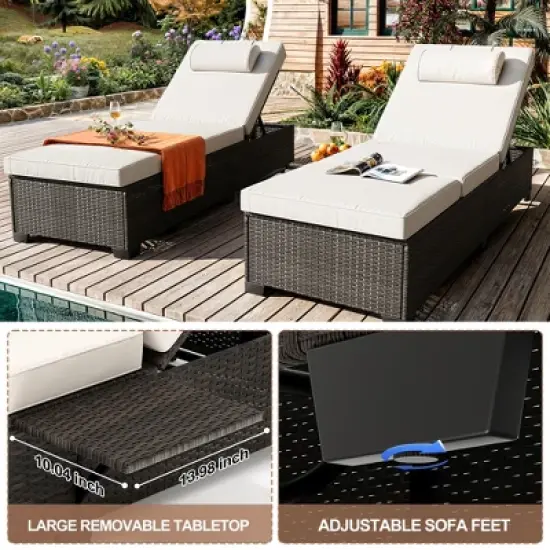 Outdoor PE Wicker Chaise Lounge Chairs, Pool Lounge Chairs Set of 2, Brown Rattan Pool Lounge Chairs Adjustable Backrest Recliners with Beige Cushion image {4}