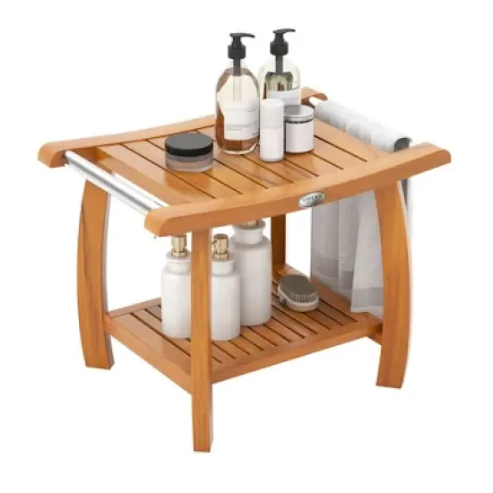 Tangkula Teak Wood Shower Bench 2-Tier Wooden Shower Stool w/ Curved Seat Handles Large image {10}