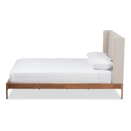 Brooklyn Mid Century Modern Walnut Wood Fabric Upholstered Platform Bed Beige - Baxton Studio image {1}
