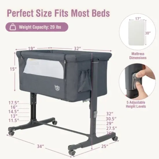 Infans 3-in-1 Baby Bassinet Beside Crib with 5-Level Adjustable Heights Grey image {1}