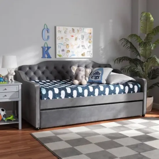 Freda Velvet Fabric Upholstered Button Tufted Daybed with Trundle - Baxton Studio image {7}