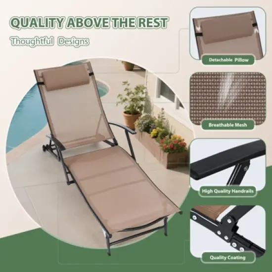 MUKE Adjustable Patio Chaise Lounge Chair with Rear Wheel, 5-Position Recliner for Pool, Beach & Garden image {3}