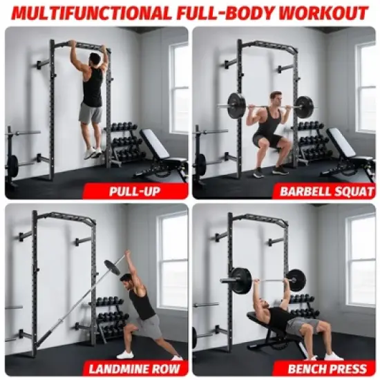 Wall Mounted Power Rack, 1600LB Commercial Squat Rack for Home Gym with Multi-Grip Pull Up Bar, J-Cups & Landmine Attachment for Home and Garage Gym image {7}