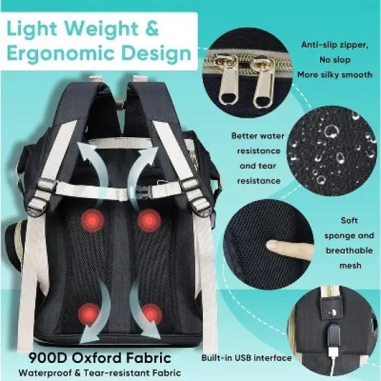 Itopfox Large Capacity Diaper Backpack with USB Port, Waterproof & Foldable Baby Travel Bag for Parents, Black image {5}