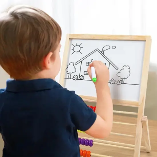 2-in-1 Kids Wooden Art Easel with Abacus  Foldable Montessori Learning Toy for Toddlers, Educational Drawing Board with Colorful Counting Beads image {3}