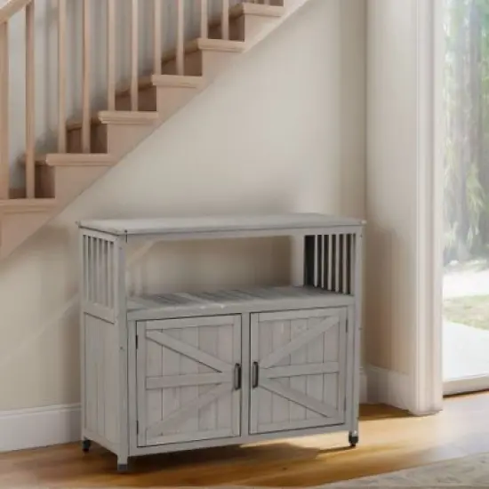 PAGED Outdoor Potting Bench with Storage Cabinet & Metal Table Top, Hemlock Wood Outdoor Storage Cabinet with Screen Door, Garden Potting Table image {3}