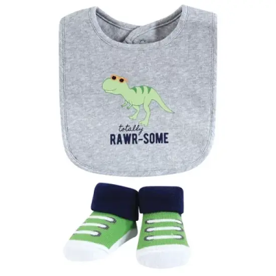 Hudson Baby Infant Boy Cotton Bib and Sock Set, Cool Dinosaurs, One Size image {2}