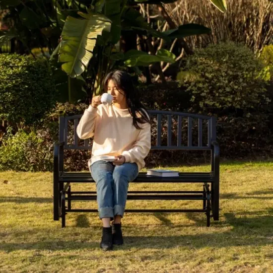 Gardenised Outdoor Black Steel Swing, Powder Coated Glider Bench, Loveseat Lawn Rocker Bench for Yard, Patio, Garden and Deck image {8}