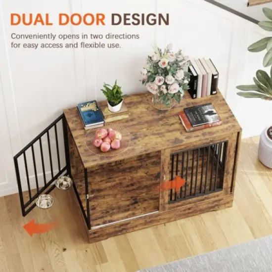 SUGIFT 2-in-1 47in Wooden Dog Crate Furniture for Large Dogs, Heavy-Duty Kennel with Double Doors, Stylish End Table Design image {5}