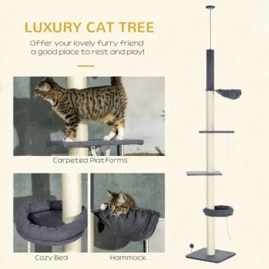 SKYONE 95-106" Adjustable Cat Tree with 5 Tiers, Sisal Scratching Posts, Cozy Bed, Hammock & Toy image {3}