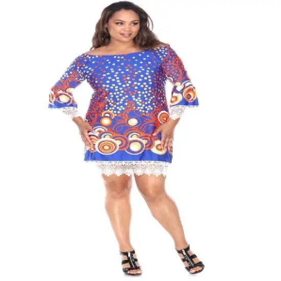 Women's Plus Size 3/4 Bell Sleeves Lace Trim Lenora Dress - White Mark image {5}