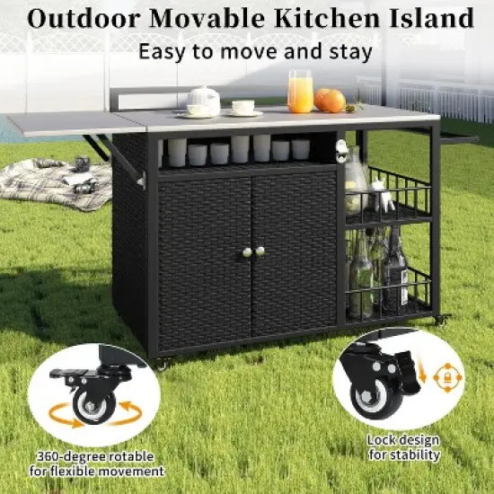 YOOCOZZ 63.5" Outdoor Rolling Kitchen Island with Ample Storage Space and Foldable Tabletop - Dark Brown image {4}
