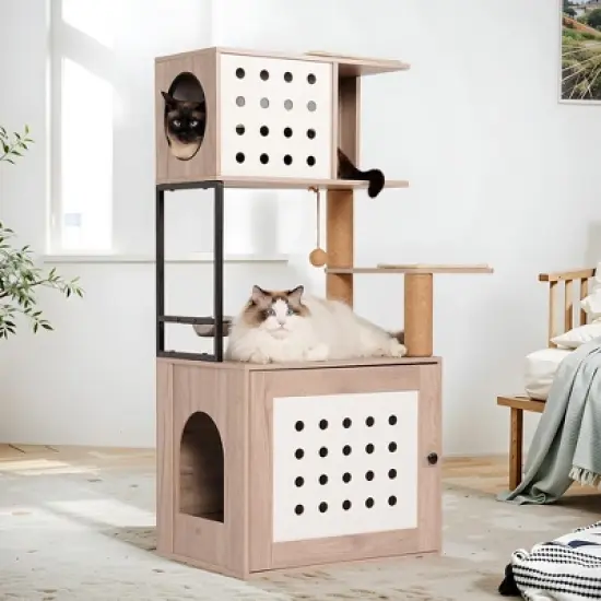 Whisen Cat Tree & Cat Bed with Litter Box Enclosure, Scratching Post, Cat Teaser Ball, Anti-Slip Mat - White+Gray image {12}