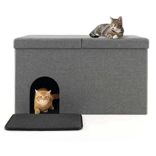 Costway Cat Litter Box Enclosure Hidden Furniture Cat Washroom Shoe Storage Bench Beige/Grey image {10}