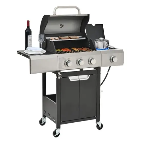 3-Burner Propane Gas Grill in Stainless Steel with Side Burner, Condiment Rack and Built-in Thermometer with Grill Cover image {4}