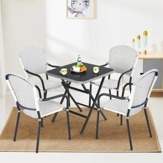 Tangkula 5PCS Rattan Patio Dining Set All Weather Square Folding Table & 4 Stackable Chairs Set w/Tempered Glass Tabletop image {2}