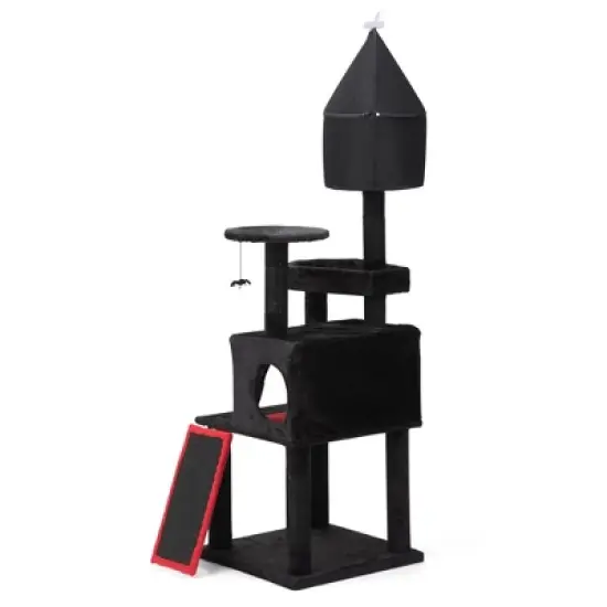 DOMETOUR Gothic Cat Tree with Coffin Bed, 64in Black Cat Tower with Condo, Platform, Sisal Scratching Posts, Perch, Ramp, Toy, Cat House for Indoor image {4}