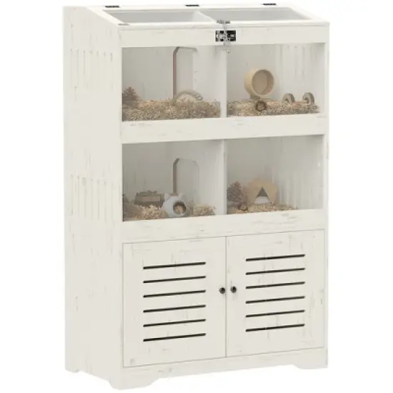 PawHut Large Hamster Cage for Multiple Small Pets, Rat Cage with Storage Cabinet, Clear Transparent Panels, Sliding Doors, Flip Top, Cream White image {6}
