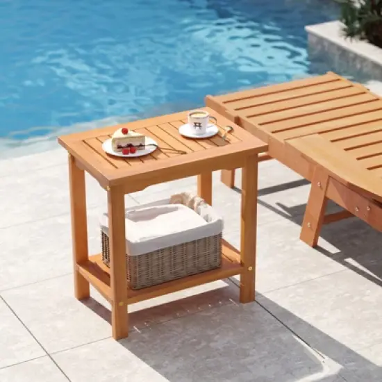 Tangkula Outdoor Acacia Wood Side Table 2-Tier Patio End Table w/ Slatted Tabletop image {1}