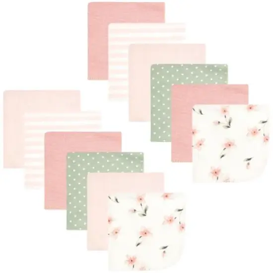 Hudson Baby Infant Girl Flannel Cotton Washcloths, Pink Dainty Floral 12 Pack, One Size image {7}
