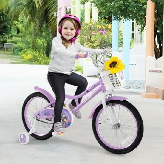 Costway Girl Bike with Basket Detachable Training Wheels Adjustable Seat Handbrake Coaster Brake Purple image {1}