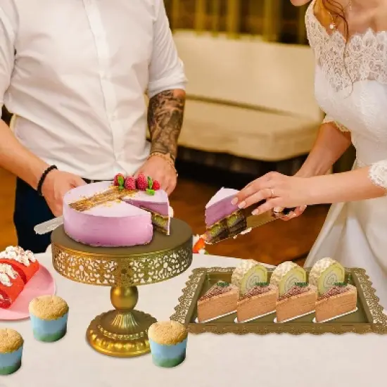 Gold Cake Stand Set,Metal Round Cake Stand Cookie & Dessert Display Tray,Banquet Tower Tray with Handle Perfect for Any Party Celebration(5 Sizes) image {3}