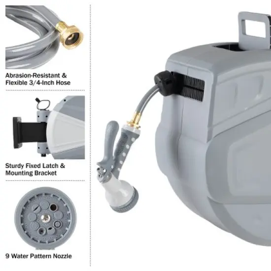 Retractable Hose - 100 FT Garden Hose with 9 Nozzle Patterns - Hose Reel Wall Mount with 180-Degree Swivel Bracket and Auto-Rewind by Pure Garden image {3}