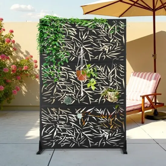 TOAOTBNBO Metal Privacy Screen with Stand, Decorative Privacy Fence Panels with Bamboo Leaf Pattern, Outdoor Privacy Screen for Garden, Black image {7}