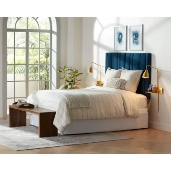 55 Downing Street Cadence Channel Tufted Blue Velvet Queen Hanging Headboard image {8}