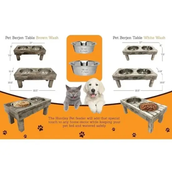 Huntley Pet Berjen Table Elevated Double Bowl Pet Feeder, White Wash (Small) image {1}