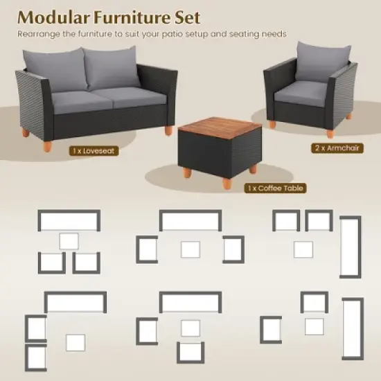 Tangkula 4 PCS Wicker Patio Furniture Set w/ Removable Cushions Storage Coffee Table image {5}