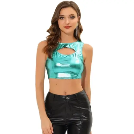 Allegra K Women's Metallic Crop Shiny Sleeveless Cut Out Party Clubwear Holographic Tank Tops image {10}