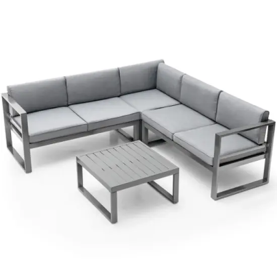 Costway 4PCS Patio Furniture Set Aluminum Frame Loveseat Coffee Table Cushions Deck Grey image {4}