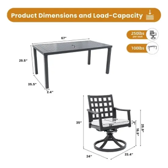 7 Piece Cast Aluminum Patio Dining Set with Rectangular Table and Six Swivel Rocking Chairs Sunbrella Cushions for Outdoor Garden Deck-Maison Boucle image {3}
