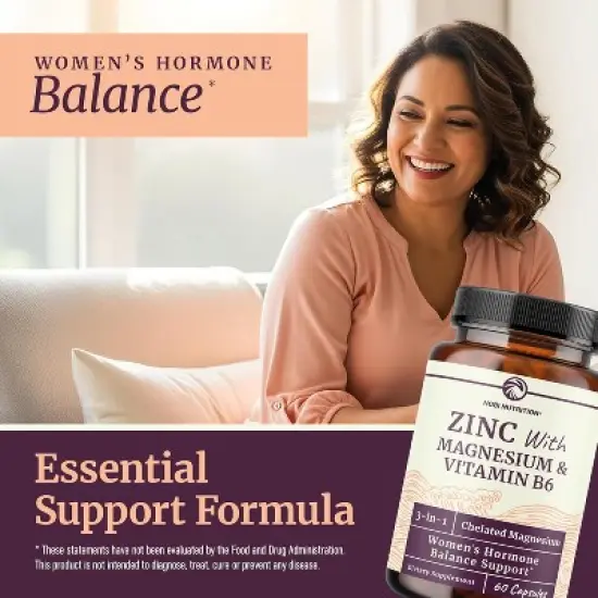 High Absorption Zinc and Magnesium Supplement with Vitamin B6, Women&rsquo;s Hormone Balance, Menstrual Cycle & Immune Support Capsule, Nobi Nutrition, 60ct image {5}