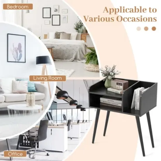 Costway Mid Century Modern End Table with Open Shelves Metal Support Legs for Bedroom White/Black/Coffee image {6}