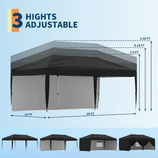 10x20 Pop Up Canopy with 2-Sidewall, Outdoor Tent with Portable Roller Bag - 3 Adjustable Height, 4 Weight Bags Stakes & 6 Guy Ropes image {2}