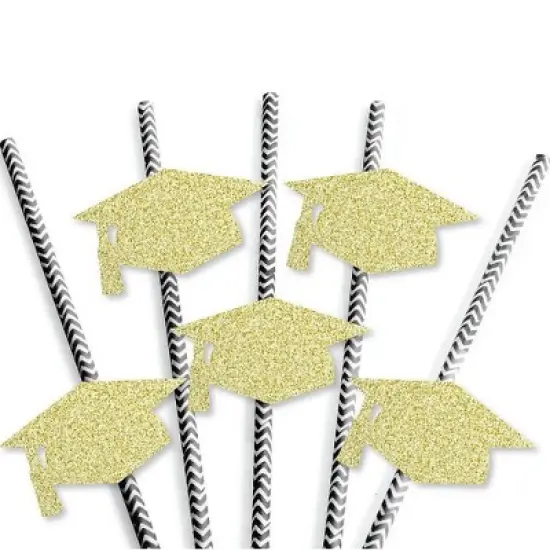 Big Dot of Happiness Gold Glitter Grad Cap Party Straws - No-Mess Real Gold Glitter Cut-Outs & Decorative Graduation Party Paper Straws - Set of 24 image {2}