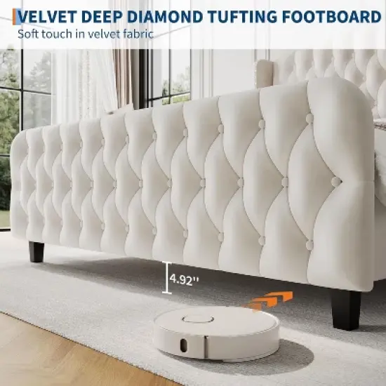 51" Tall Queen/King Size Bed Frame with Deep Button Tufted Wingback Headboard and Footboard, Velvet Upholstered Platform Bed Frame, Easy Assemble image {4}