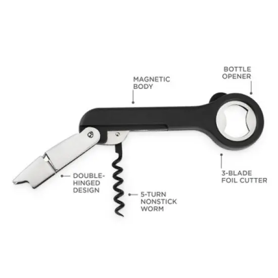 HOST Double Hinged Corkscrew, Black Bottle Opener and Foil Cutter, Wine Key, Bar Accessories image {2}