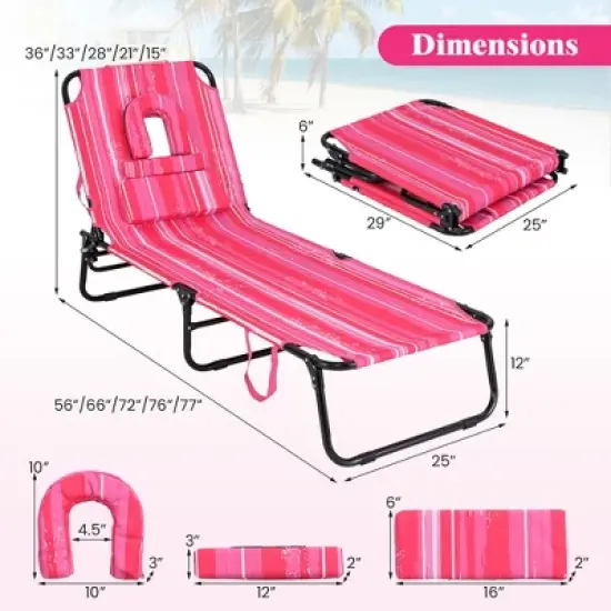 Tangkula Beach Chaise Lounge Chair w/ 5-Position Adjustable Backrest & Face Hole Pillows Pink image {2}