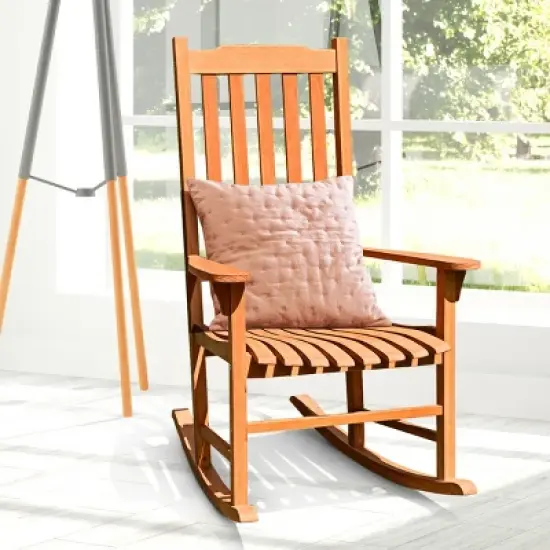 Costway 2 PCS Outdoor Eucalyptus Rocking Chair Single Rocker for Patio Deck Natural image {3}